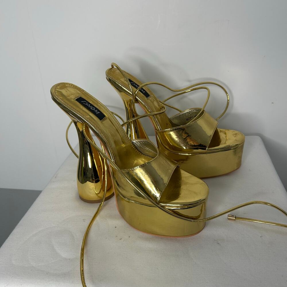ISNOM Gold Platform Heels Sculptural Lace Up Disco Sandals Womens 10